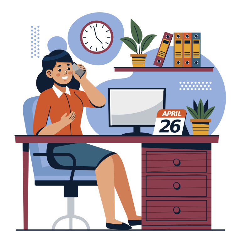 Eine Frau am Schreibtisch spricht telefonierend, mit Pflanzen und Büroaccessoires.