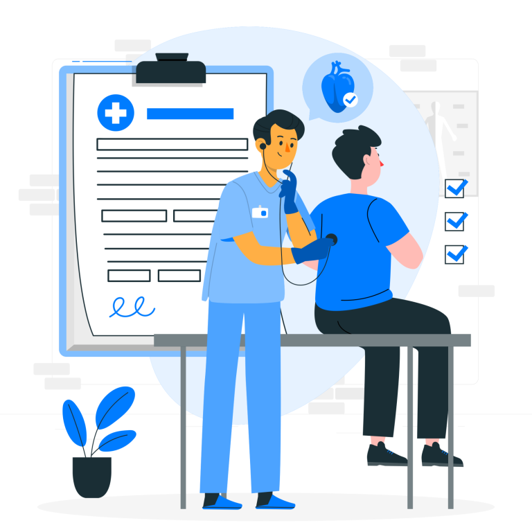 Arzt untersucht Patienten mit medizinischem Dokument und Stethoskop.