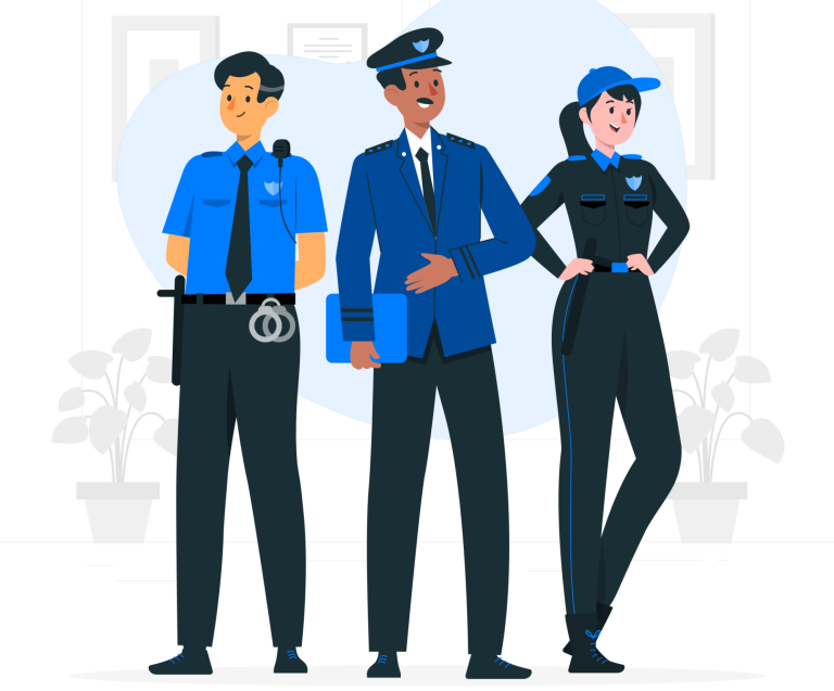 Drei Polizeibeamte in Uniform stehen nebeneinander, lächelnd und freundlich.