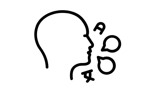 Profil eines Kopfes mit Buchstaben und Sprechblasen.