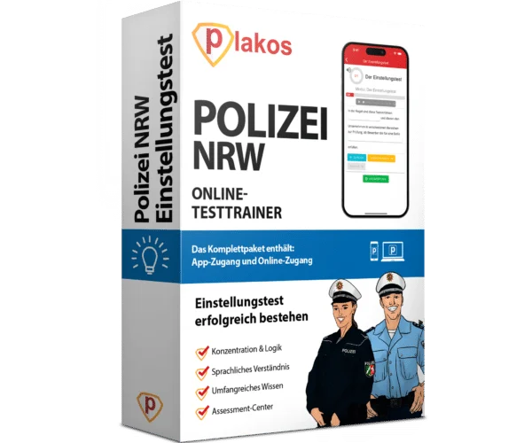 Testtrainer für Polizei NRW mit Smartphone-Display und Polizisten-Illustration.